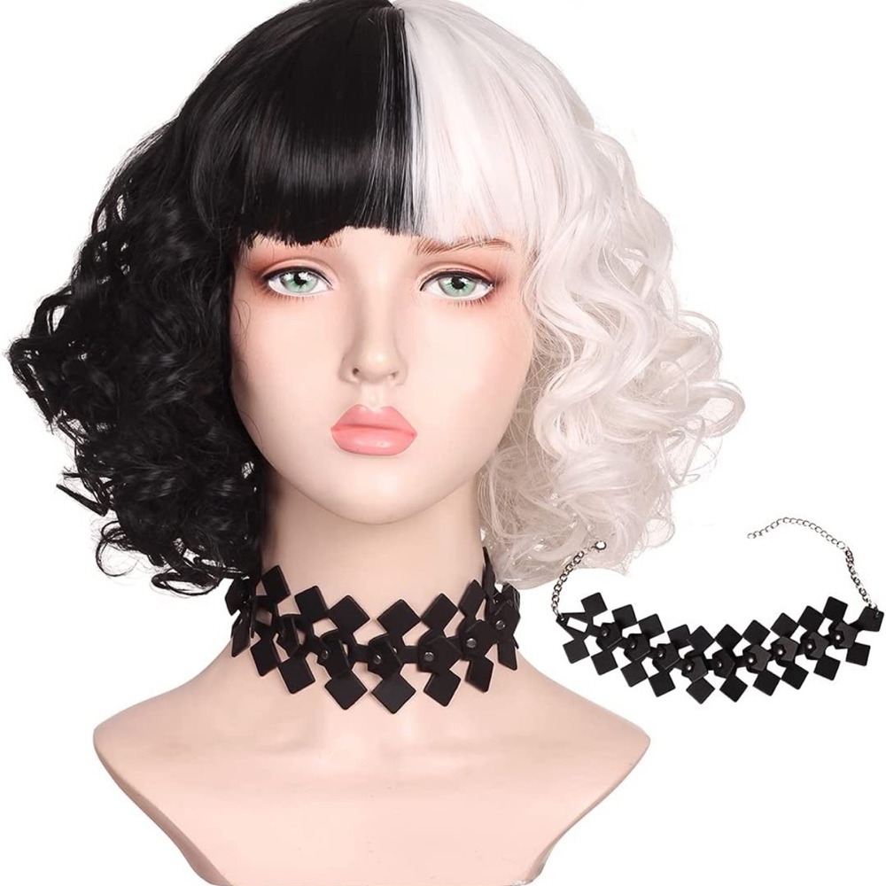 NWT Short‎ Half Black Half White Curly Wig + Choker